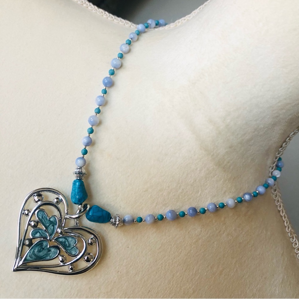 Handcrafted repurpose large enamel heart pendant glass and howlite bead necklace